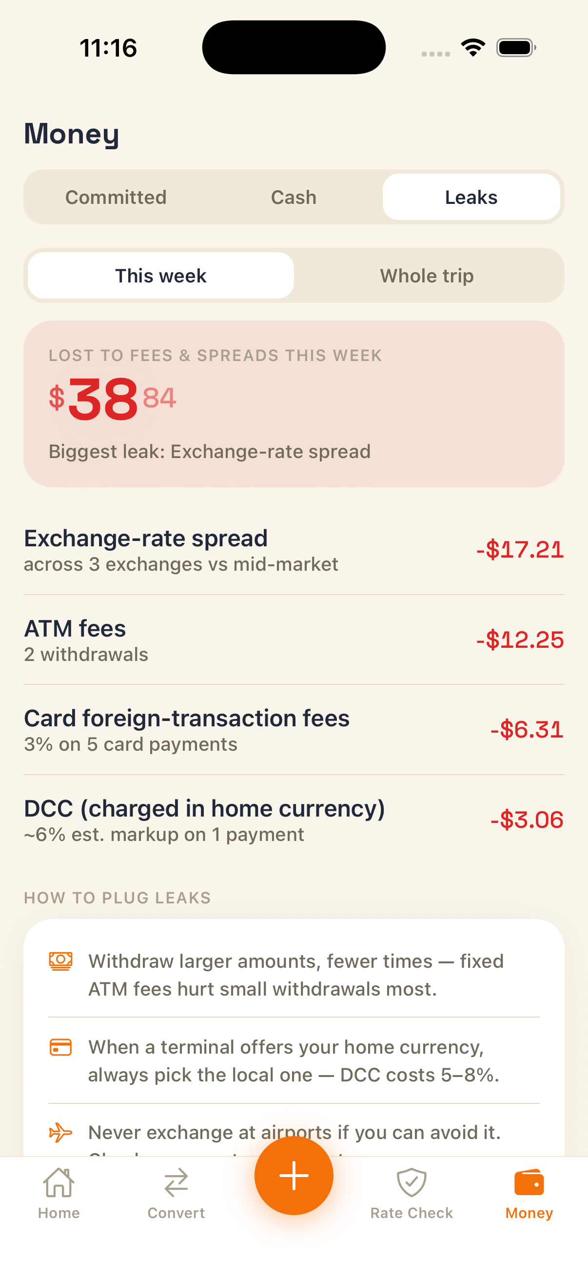 TravelFi leaks screen showing 38 dollars and 84 cents lost to fees and spreads this week.